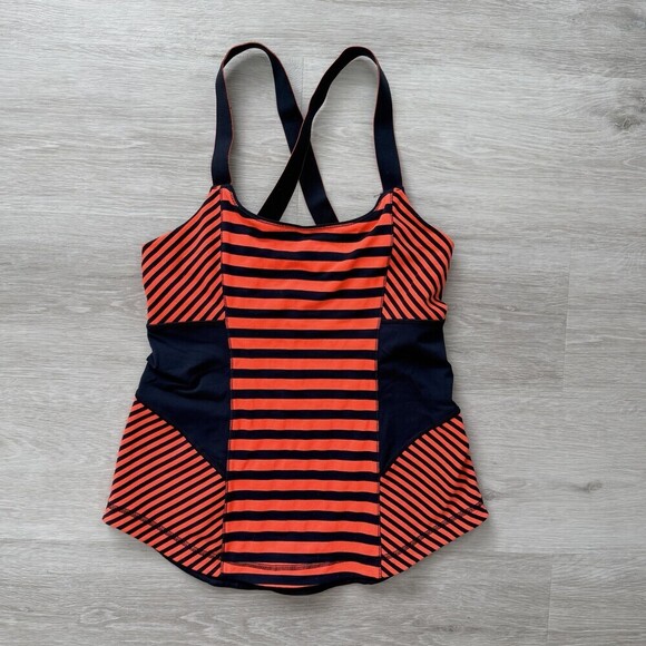 Lululemon Tops - Lululemon Striped Tank Top Orange Navy Blue Strappy Back Built-in Bra Size 2/4